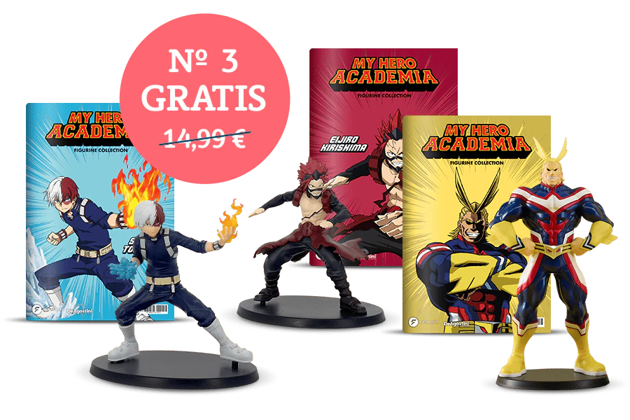 Immagine che mostra tre copertine della rivista My Hero Academia e tre figurine. Un banner sull’immagine riporta “N°3 GRATIS”.