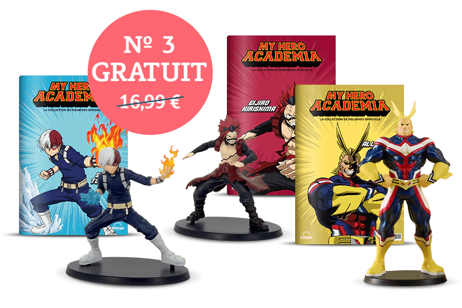 Image montrant deux couvertures de magazine avec le produit et deux figurines. Une bannière sur l’image indique « N°3 gratuit » dans un sceau circulaire et le prix 16,99€ barré.