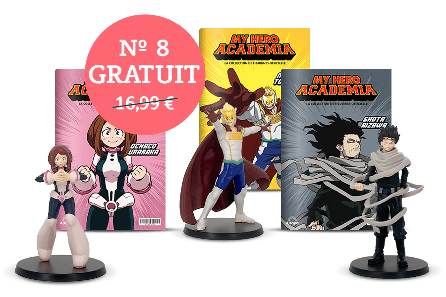 Image montrant deux couvertures de magazine avec le produit et deux figurines. Une bannière sur l’image indique « N°8 gratuit » dans un sceau circulaire et le prix 16,99€ barré.