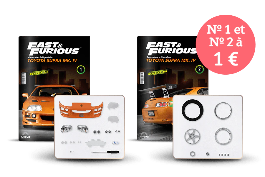 Image montrant deux couvertures de magazine avec le produit et deux paquets de pièces. Une bannière sur l’image indique « n° 1 et n° 2 à 1€ » dans un sceau circulaire.