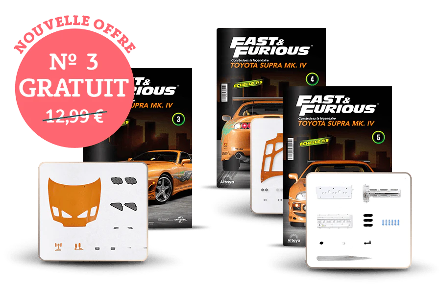 Image montrant trois couvertures de magazine avec le produit et trois paquets de pièces. Une bannière sur l’image indique « Nouvelle offre : n°3 gratuit » dans un sceau circulaire et le prix 12,99€ barré.