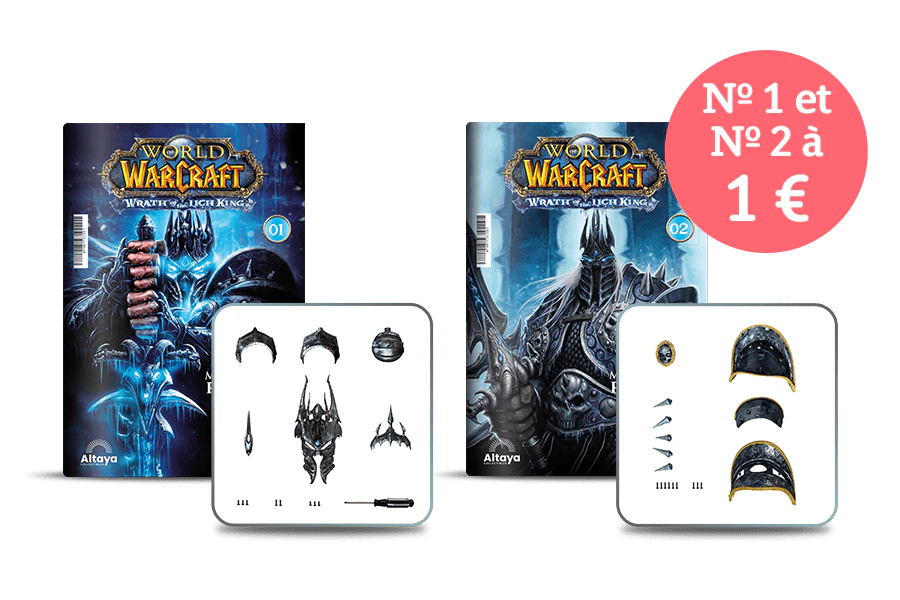 Image montrant deux couvertures de magazine avec le produit et deux paquets de pièces. Une bannière sur l’image indique « n° 1 et n° 2 à 1€ » dans un sceau circulaire.