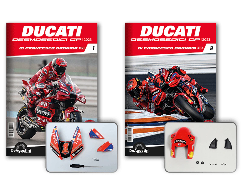 Immagine che mostra due copertine della rivista con la moto Ducati rossa e due confezioni con pezzi di montaggio.
