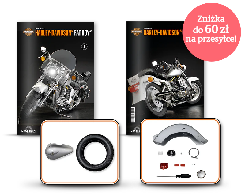 Obraz przedstawiający dwie okładki magazynu z motocyklem Harley-Davidson Fat Boy oraz dwa zestawy części montażowych. Baner na obrazie zawiera tekst: „Kolekcja Premium”. Drugi baner zawiera tekst: „Zniżka do 60 zł na przesyłce!”.
