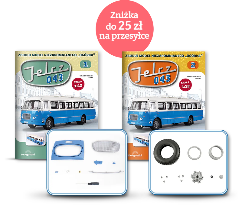 Obraz przedstawiający 3 okładki magazynu z Jelczem 043 oraz 3 zestawy części do montażu.
