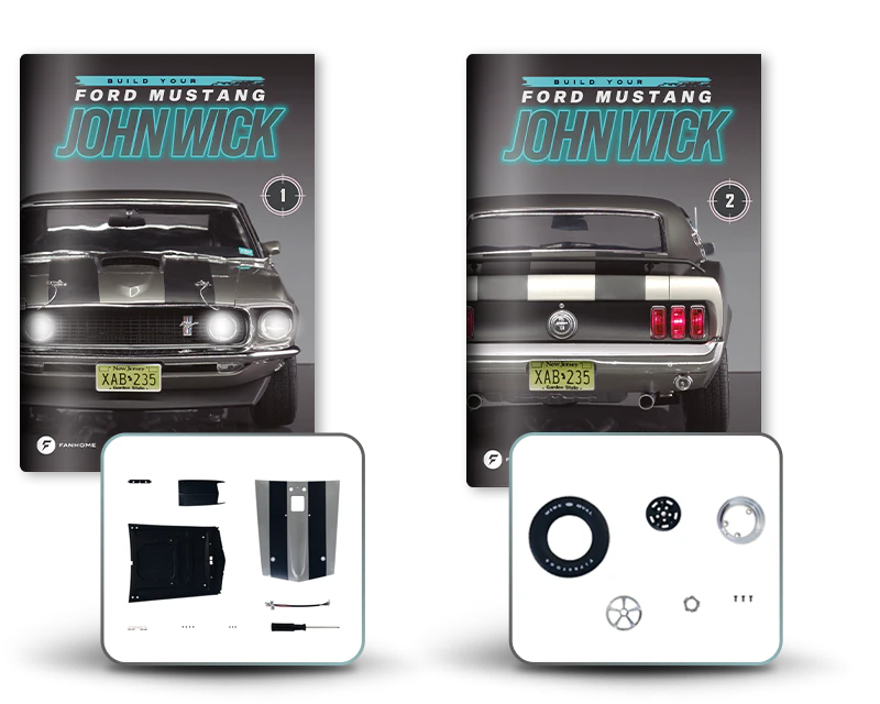 Immagine che mostra due copertine della rivista Ford Mustang dalla serie John Wick e due confezioni con pezzi di montaggio.