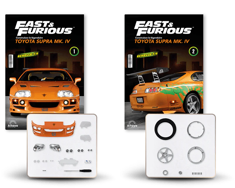 Image montrant deux couvertures de magazine avec le produit et deux paquets de pièces.