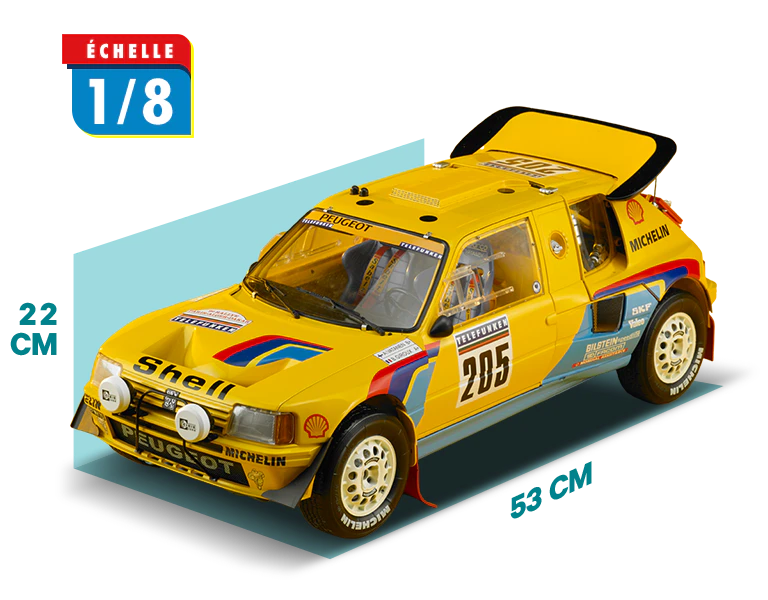 Image de la voiture jaune avec dimensions : longueur [53] cm, largeur [22] cm. Une icône sur l’image indique « ÉCHELLE [1/8] ».