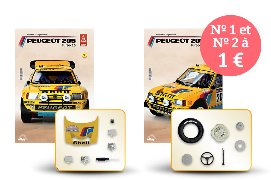 Image montrant deux couvertures de magazine avec le produit et deux paquets de pièces. Une bannière sur l’image indique « n° 1 et n° 2 à 1€ » dans un sceau circulaire.