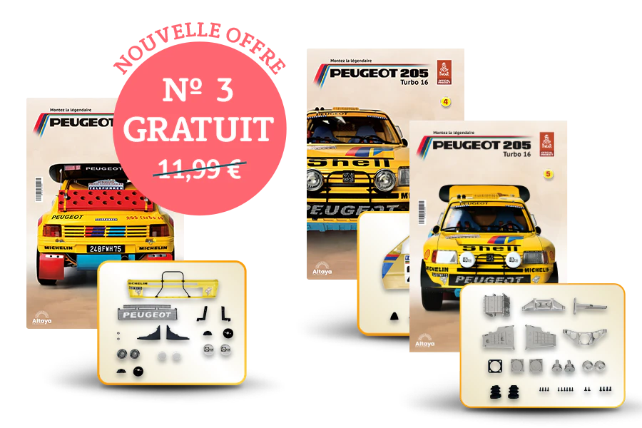 Image montrant trois couvertures de magazine avec le produit et trois paquets de pièces. Une bannière sur l’image indique « Nouvelle offre : n°3 gratuit » dans un sceau circulaire et le prix 11,99€ barré.