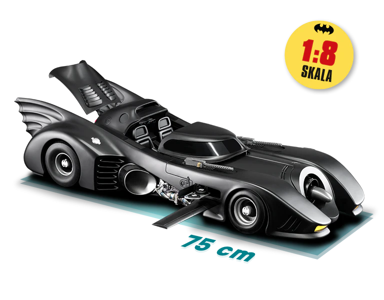 Obraz czarnego Batmobilu z 1989 roku o długości 75 cm. Ikona na obrazie zawiera napis „SKALA 1/8”.