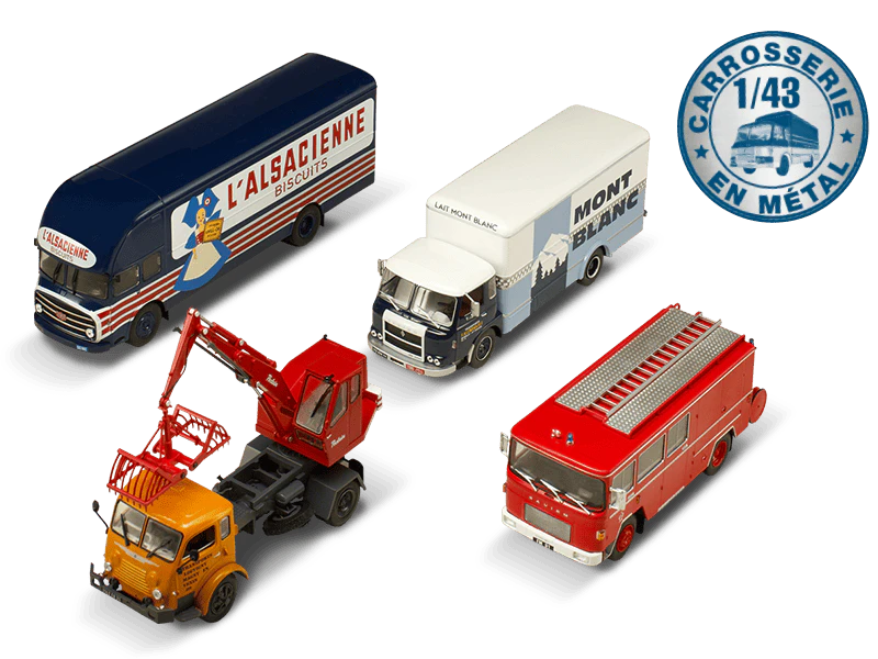 Image d’une composition de 4 voitures avec un banner indiquant l’échelle 1/43