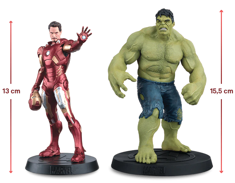 Image de deux figurines de la collection avec dimensions approximatives : entre 13 et 15,5 cm.