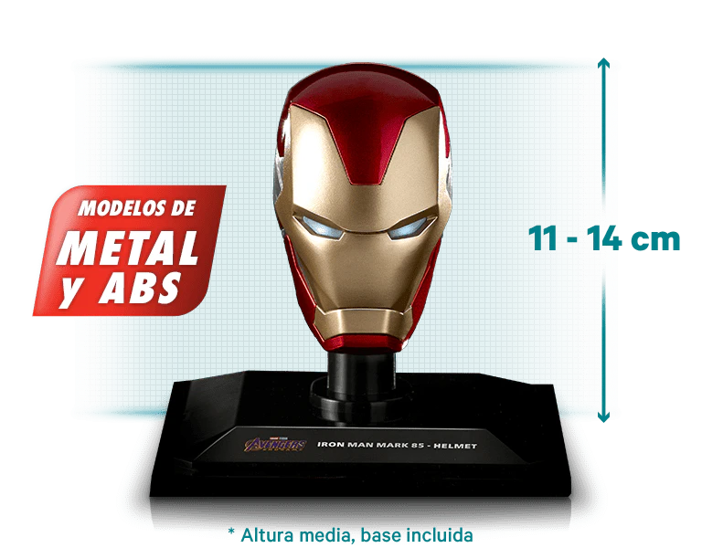 Imagen de una figura con dimensiones aproximadas: entre 11 y 14cm. Un icono en la imagen indica «MODELOS DE METAL Y ABS».