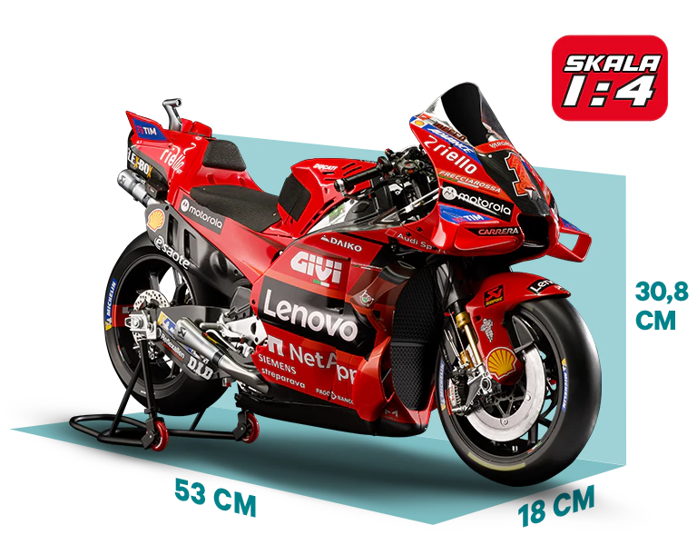 Obraz czerwonego motocykla Ducati o wymiarach: długość 53 cm, szerokość 18 cm, wysokość 30,8 cm. Ikona na obrazie zawiera napis „SKALA 1/4”.