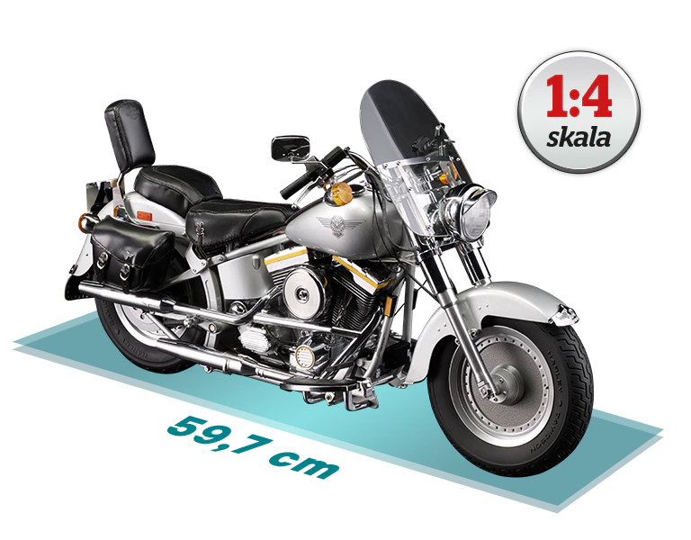 Obraz szarego motocykla Harley-Davidson Fat Boy z wymiarem: długość 59,7 cm. Ikona na obrazie zawiera tekst: „SKALA 1/4”.