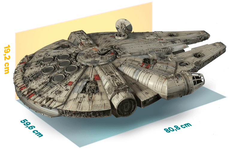 Image of the Millennium Falcon grey starship with dimensions: length 80,8 cm, width 59,6 cm, height 19,2 cm.