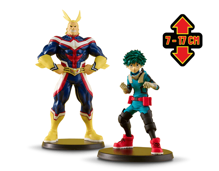 Image de deux figurines de la collection avec dimensions approximatives : entre 7 et 17 cm.