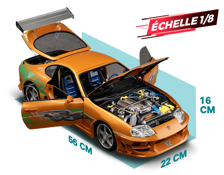 Image de la voiture jaune avec dimensions : longueur [56] cm, largeur [22] cm. Une icône sur l’image indique « ÉCHELLE [1/8] ».