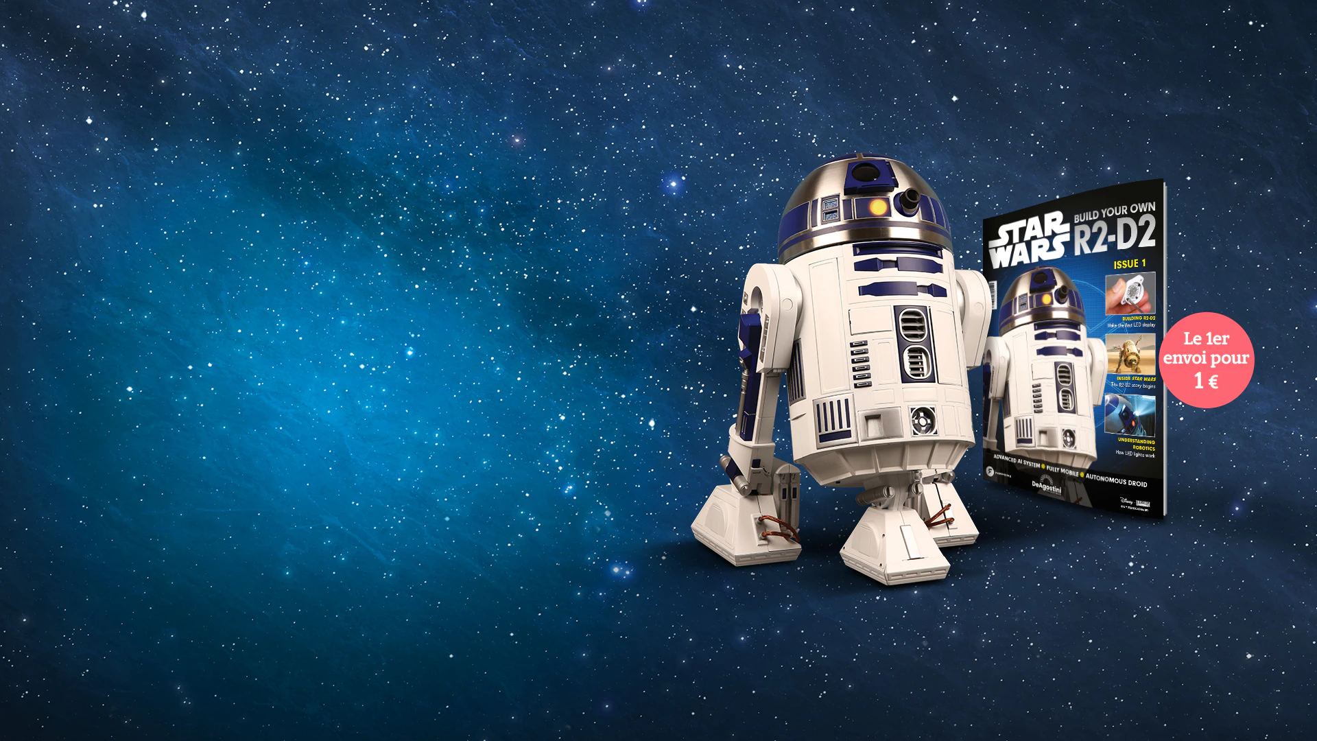 Image of the Star Wars R2-D2 robot on a galaxy background. The image includes the promotional text: "[red roundel text]".