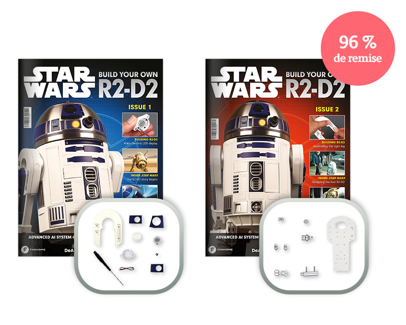 Image showing two magazine covers of the R2-D2 from the Star Wars movies and two packs of assembly pieces.