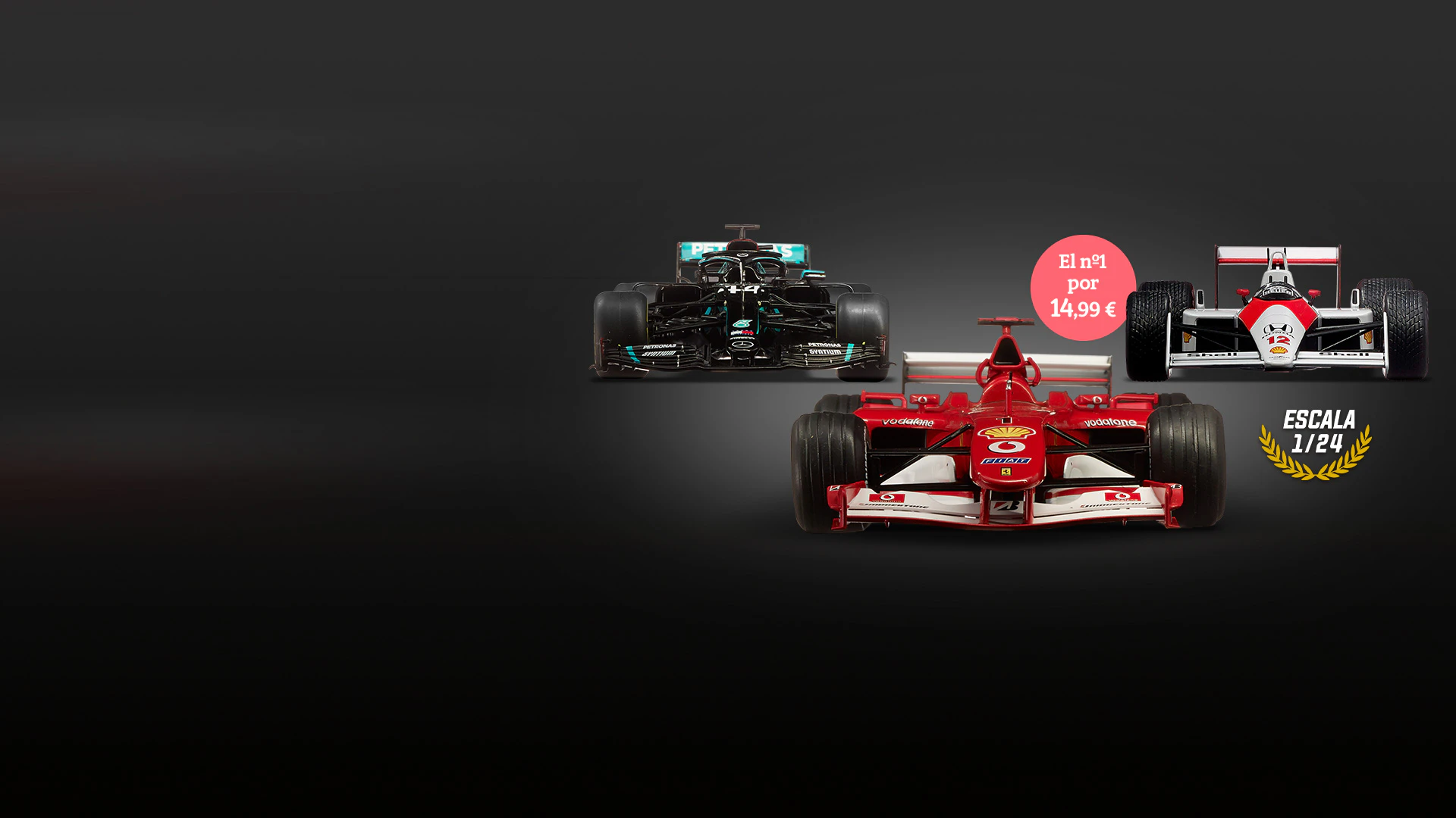 Imagen de figuras de coches de carreras de diferentes colores sobre un fondo oscuro. La imagen incluye el texto promocional: «El nº1 por 14,99 €» y un topo de escala 1/24.