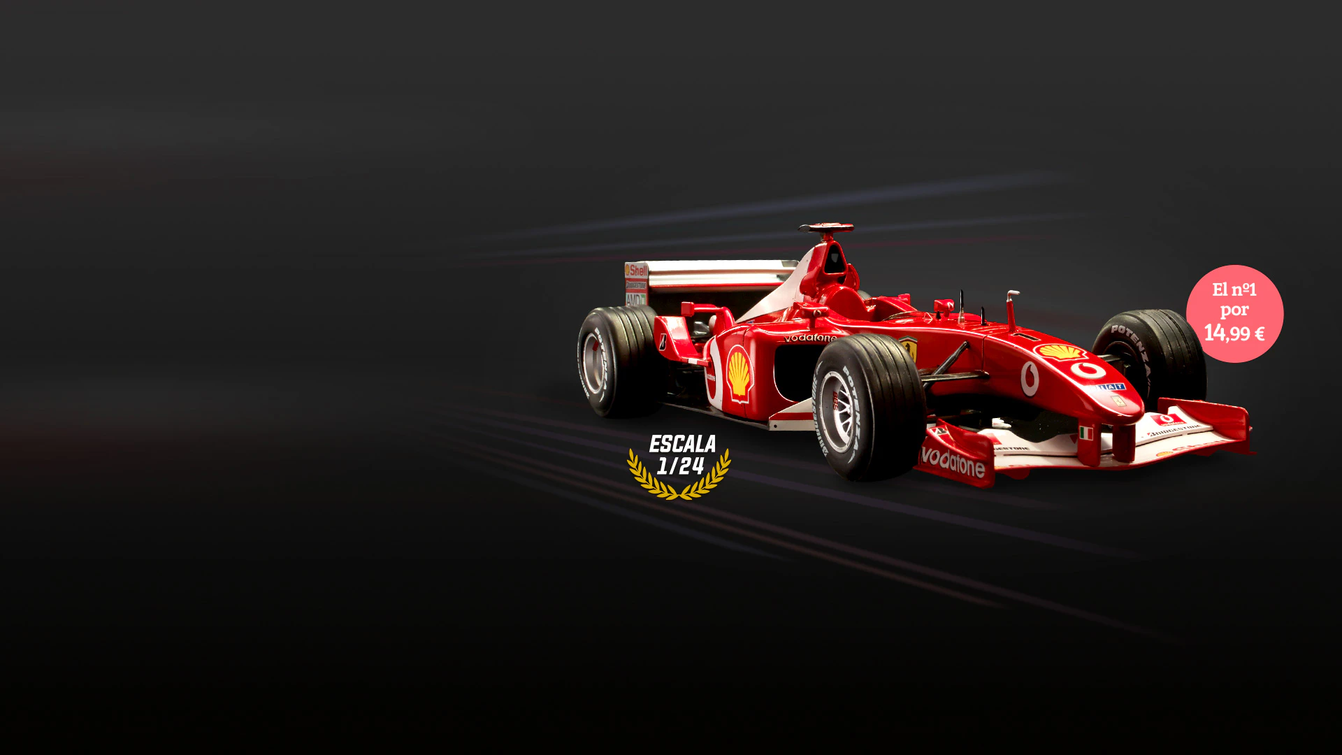 Imagen de figuras de coches de carreras de diferentes colores sobre un fondo oscuro. La imagen incluye el texto promocional: «El nº1 por 14,99 €» y un topo de escala 1/24.