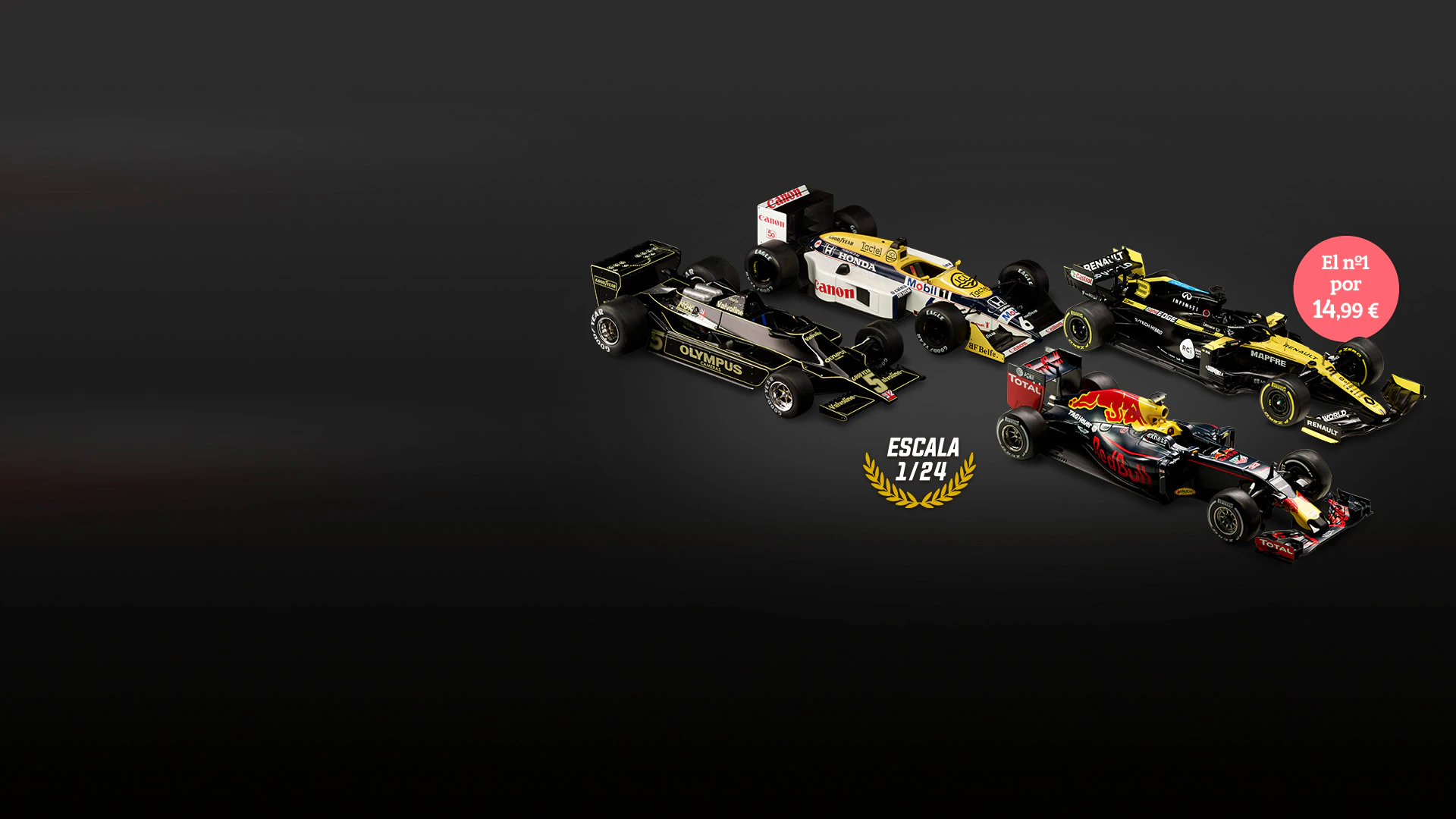 Imagen de figuras de coches de carreras de diferentes colores sobre un fondo oscuro. La imagen incluye el texto promocional: «El nº1 por 14,99 €» y un topo de escala 1/24.