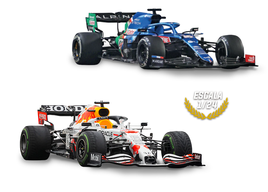 Imagen de dos coches exclusivos de la colección. Un icono en la imagen indica escala 1/24.