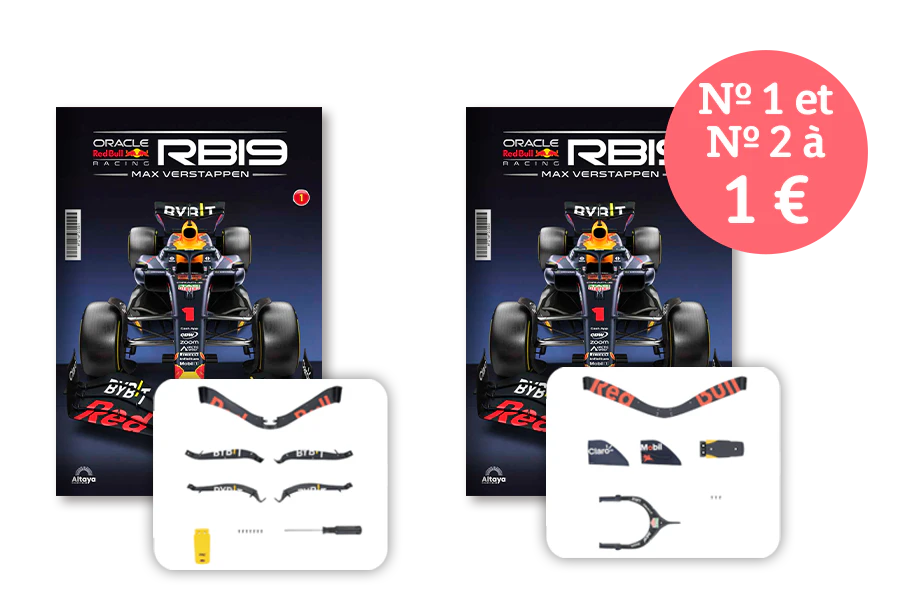 Image montrant deux couvertures de magazine avec le produit et deux paquets de pièces. Une bannière sur l’image indique « n° 1 et n° 2 à 1€ » dans un sceau circulaire.