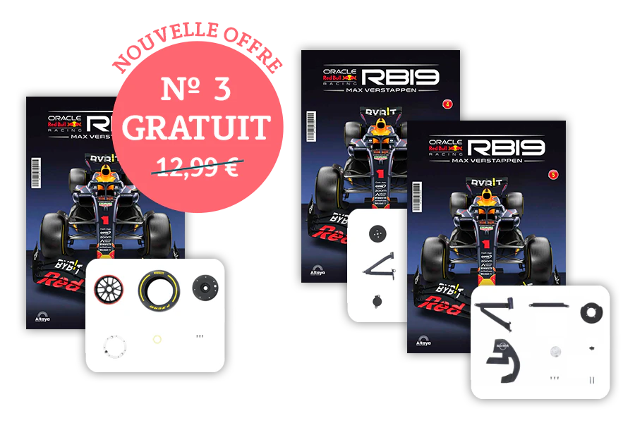 Image montrant trois couvertures de magazine avec le produit et trois paquets de pièces. Une bannière sur l’image indique « Nouvelle offre : n°3 gratuit » dans un sceau circulaire et le prix 12,99€ barré.