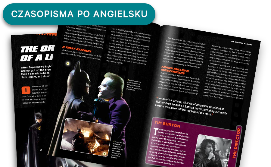 Obraz otwartego magazynu z oddali. Baner na obrazie zawiera napis „Czasopisma w języku angielskim”.