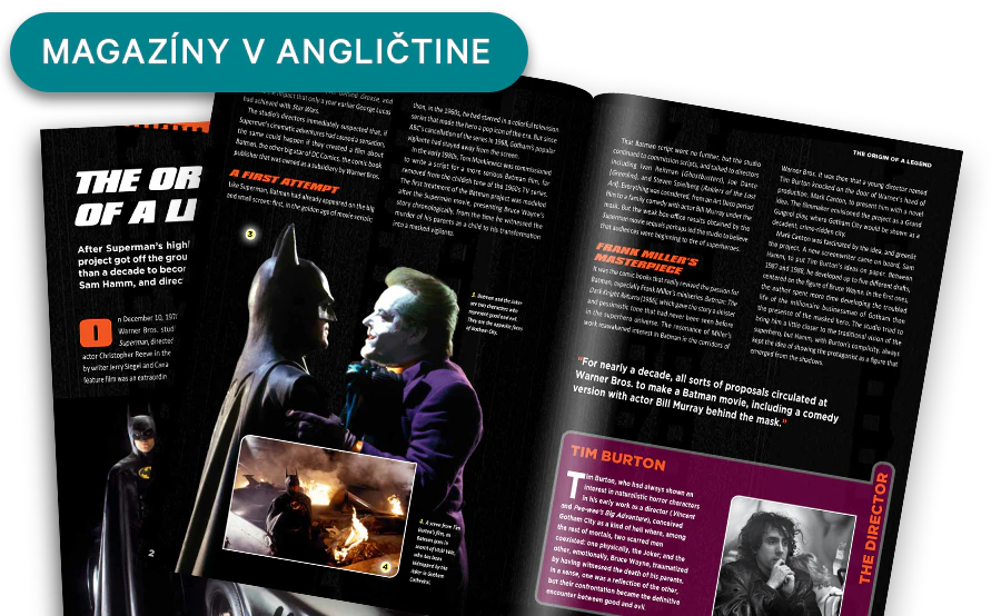 Obrázok otvoreného časopisu z diaľky. Banner na obrázku obsahuje nápis „Časopisy v angličtine”.