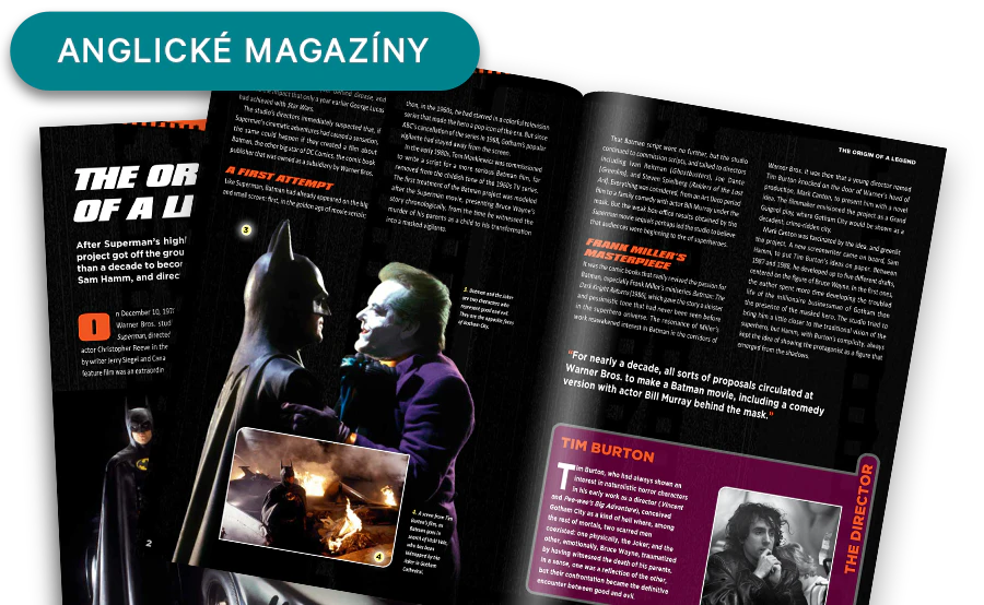 Obrázek otevřeného časopisu z dálky. Banner na obrázku obsahuje nápis „Časopisy v angličtině”.