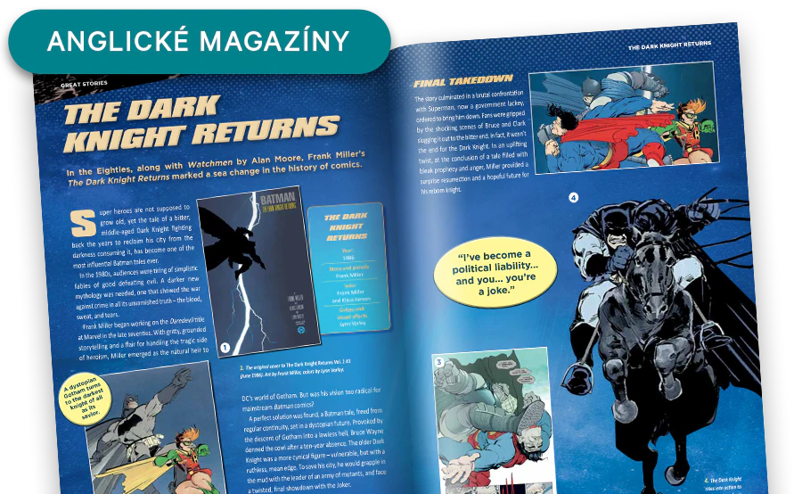 Obrázek otevřeného časopisu z dálky. Banner na obrázku obsahuje nápis „Časopisy v angličtině”.