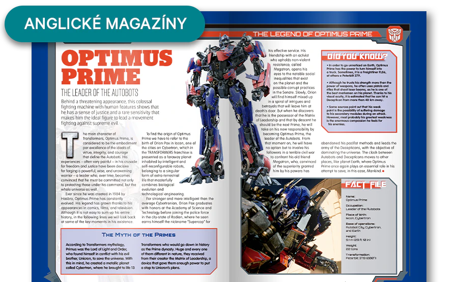 Obrázek otevřeného časopisu z dálky. Banner na obrázku obsahuje nápis „Časopisy v angličtině”.