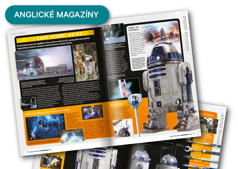 Obrázek otevřeného časopisu z dálky. Banner na obrázku obsahuje nápis „Časopisy v angličtině”.