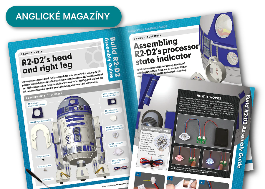 Obrázek otevřeného časopisu z dálky. Banner na obrázku obsahuje nápis „Časopisy v angličtině”.