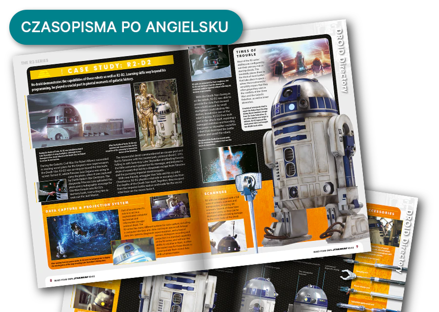 Obraz otwartego magazynu z oddali. Baner na obrazie zawiera napis „Czasopisma w języku angielskim”.