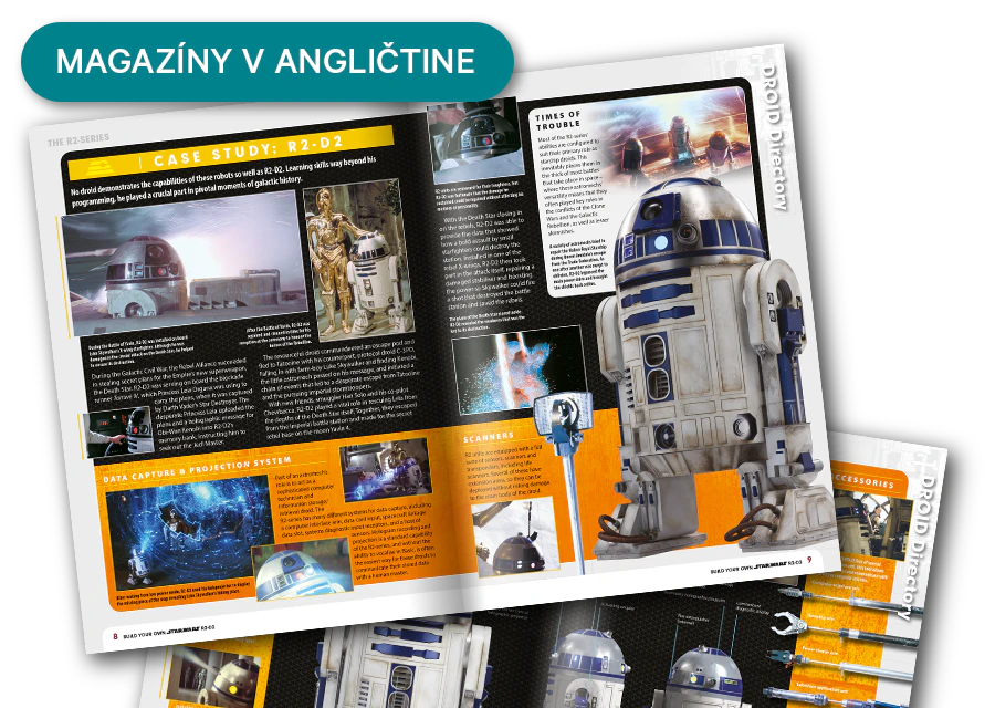 Obrázok otvoreného časopisu z diaľky. Banner na obrázku obsahuje nápis „Časopisy v angličtine”.